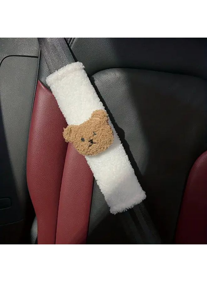 Beige Lamb Fleece Car Seat Belt Shoulder Cover With Little Bear Head Design - Image 5