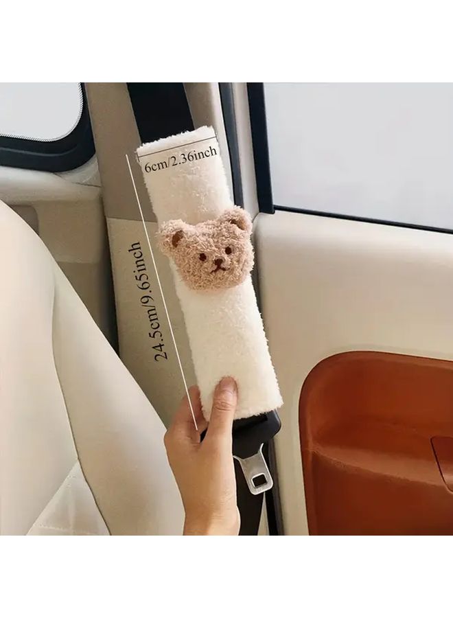 Beige Lamb Fleece Car Seat Belt Shoulder Cover With Little Bear Head Design - Image 2