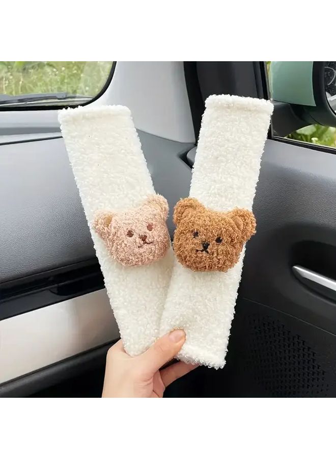 Beige Lamb Fleece Car Seat Belt Shoulder Cover With Little Bear Head Design - Image 4