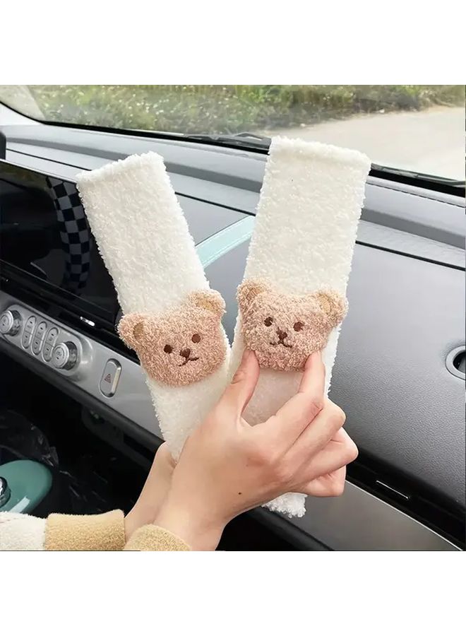 Beige Lamb Fleece Car Seat Belt Shoulder Cover With Little Bear Head Design - Image 3