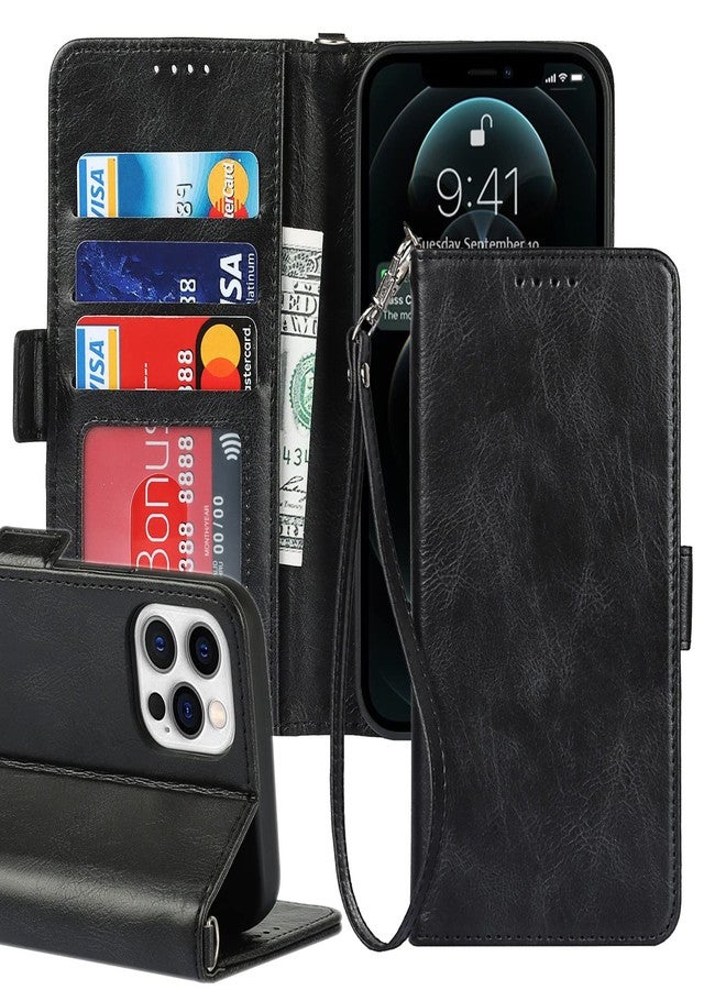 iCoverCase for iPhone 12/12 Pro Wallet Case with Wrist Strap, [RFID Blocking] PU Leather Kickstand Shockproof Case with Credit Card Holder Magnetic Flip Folio Cover Case (Black) - Image 1