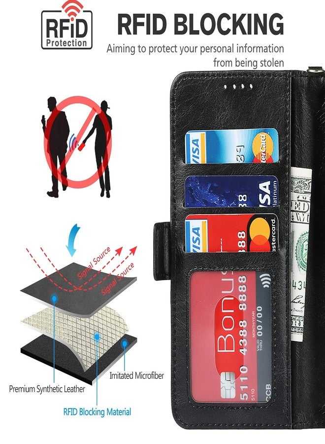 iCoverCase for iPhone 12/12 Pro Wallet Case with Wrist Strap, [RFID Blocking] PU Leather Kickstand Shockproof Case with Credit Card Holder Magnetic Flip Folio Cover Case (Black) - Image 3