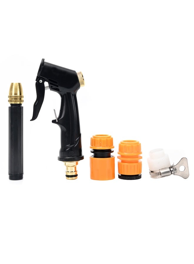 لوازم طقم مسدس ماء مع راس مع توصيلة 5 حبات - مسدس رش ماء عالي الضغط مع فوّهة نحاسية قابلة للتعديل، وأنبوب تمديد، ووصلات خرطوم سريعة، ووصلة صنبور لري الحديقة وغسل السيارات والتنظيف الخارجي - Image 1