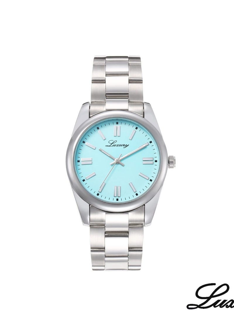 Luxure Men's Stainless Steel Waterproof Watch, Modern, High Quality - Silver Band with Sky Blue Dial