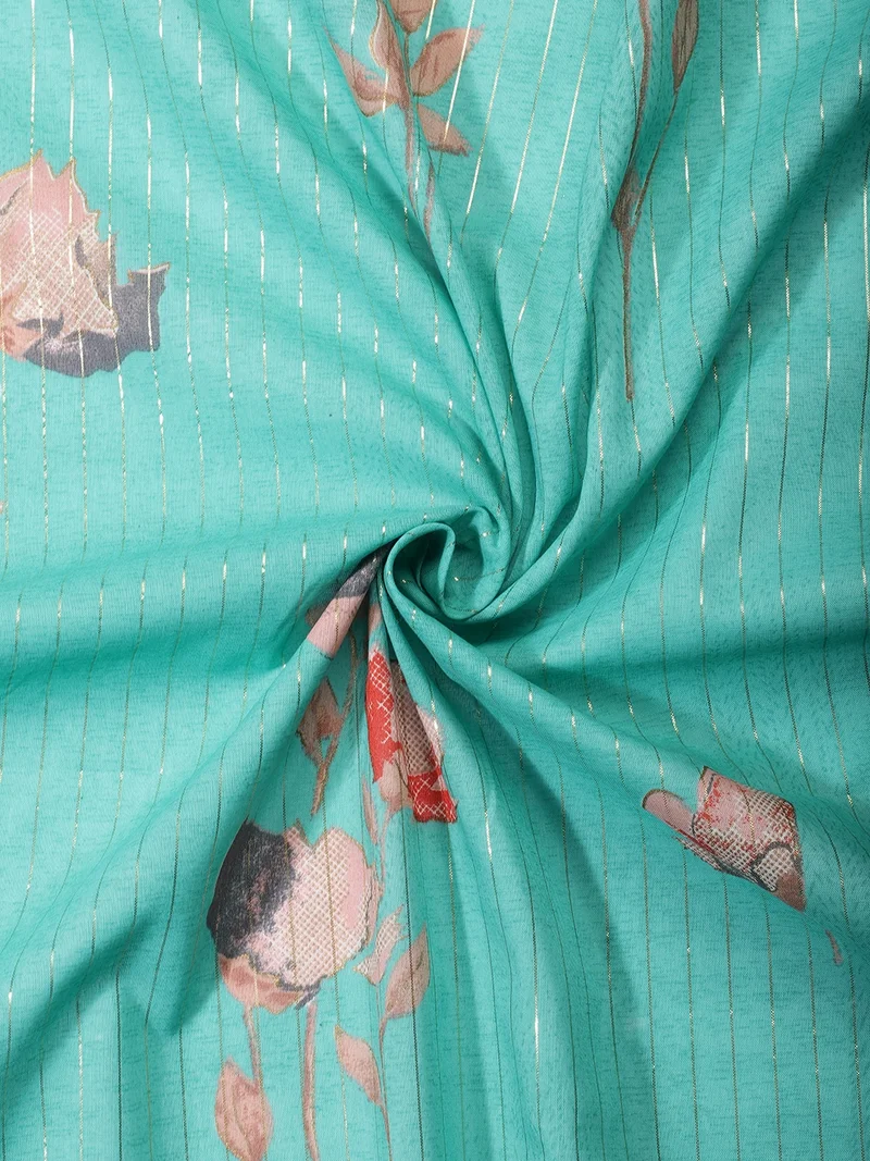 أيه كيه إس Teal Metallic Stripe Fabric with Abstract Rose Print