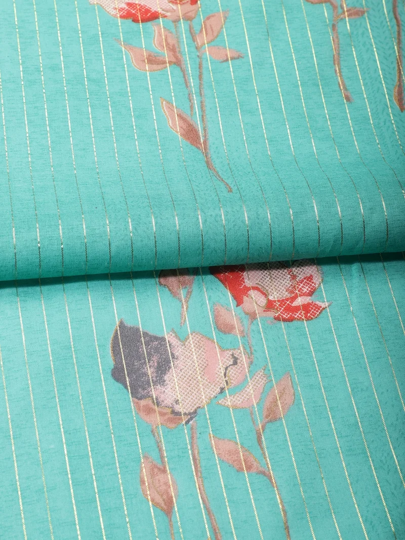 أيه كيه إس Teal Metallic Stripe Fabric with Abstract Rose Print