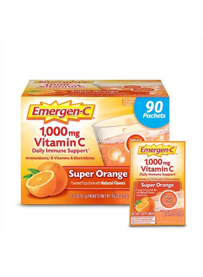 Emergen-C مسحوق فيتامين C بتركيز 1000 ملغ لدعم المناعة اليومية خالي من الكافيين مكملات فيتامين C مع الزنك والمنغنيز، وفيتامينات B والإلكتروليتات، بنكهة البرتقال الفائقة - 90 حبة/إمداد لمدة 3 أشهر - Image 1