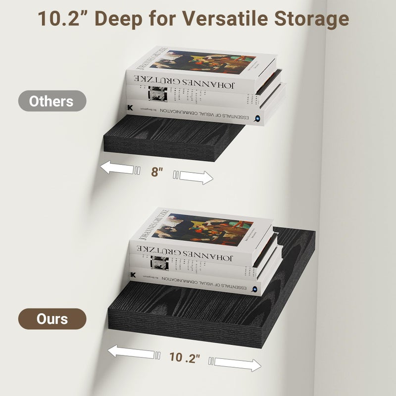 Vivelove 10.2 Inches Floating Shelves Wall Mounted, 10" Deep Wall Shelves for Bedroom, Bathroom, Living Room, Kitchen, Office, Home Decor, Modern Shelf, Set of 2, Black, 10.2x10.2x1.5 - Image 3