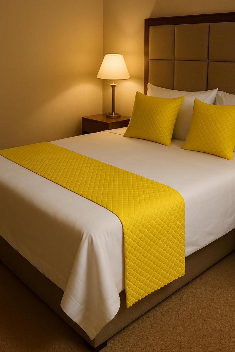 Kingly 3 Piece Velvet Bed Runner Set – Luxury Quilted Hotel Style Bedding Décor for King Size Bed | Yellow | 16x96 Inch Bed Runner with 2 Cushion Covers 16x16 Inch - Image 1