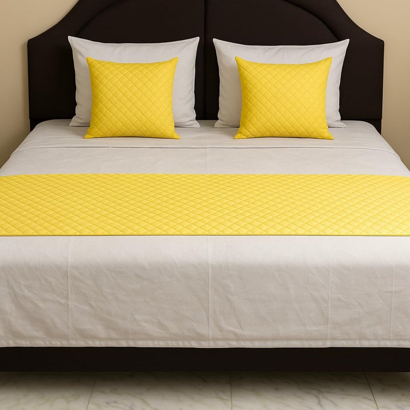 Kingly 3 Piece Velvet Bed Runner Set – Luxury Quilted Hotel Style Bedding Décor for King Size Bed | Yellow | 16x96 Inch Bed Runner with 2 Cushion Covers 16x16 Inch - Image 2