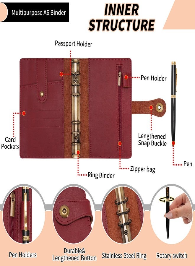 Wonderpool A6 Binder Journal Leather Spiral Notebook Refillable College Ruled Paper, Budget Binder Rings Diary Organizer with Pen for Office School Travel Business Planning Writing (Wine red,A6) - Image 5