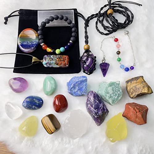 BORAMDO 22Pcs Healing Crystals Set, Chakra Quartz Kits in Wooden Box (7 Raw and 7 Tumbled Chakra Stones, Lava Bracelet, Chakra Necklace and Amethyst Pendulum, Thumb Worry Stone, Selenite Charging Plate, etc.) - Image 3