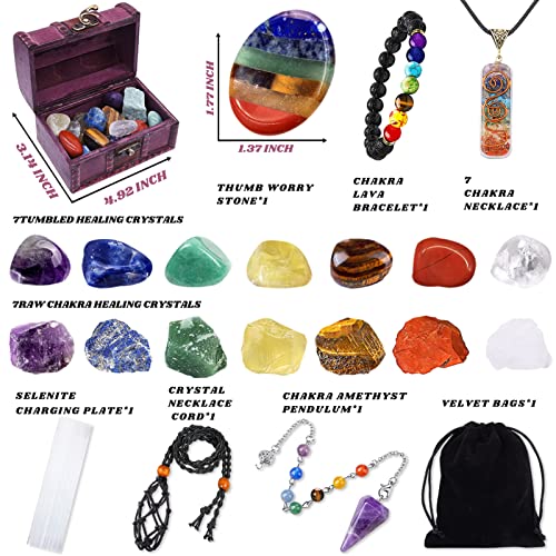 BORAMDO 22Pcs Healing Crystals Set, Chakra Quartz Kits in Wooden Box (7 Raw and 7 Tumbled Chakra Stones, Lava Bracelet, Chakra Necklace and Amethyst Pendulum, Thumb Worry Stone, Selenite Charging Plate, etc.) - Image 2