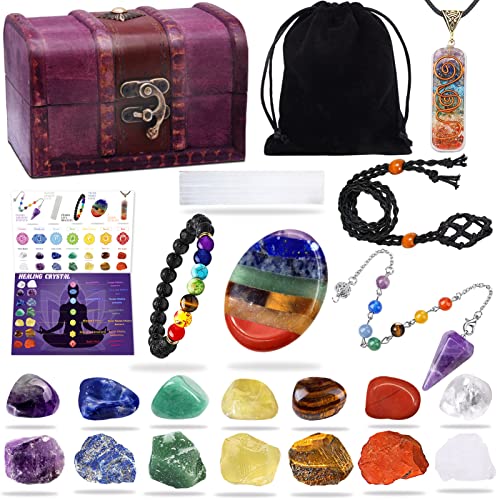 BORAMDO 22Pcs Healing Crystals Set, Chakra Quartz Kits in Wooden Box (7 Raw and 7 Tumbled Chakra Stones, Lava Bracelet, Chakra Necklace and Amethyst Pendulum, Thumb Worry Stone, Selenite Charging Plate, etc.) - Image 1