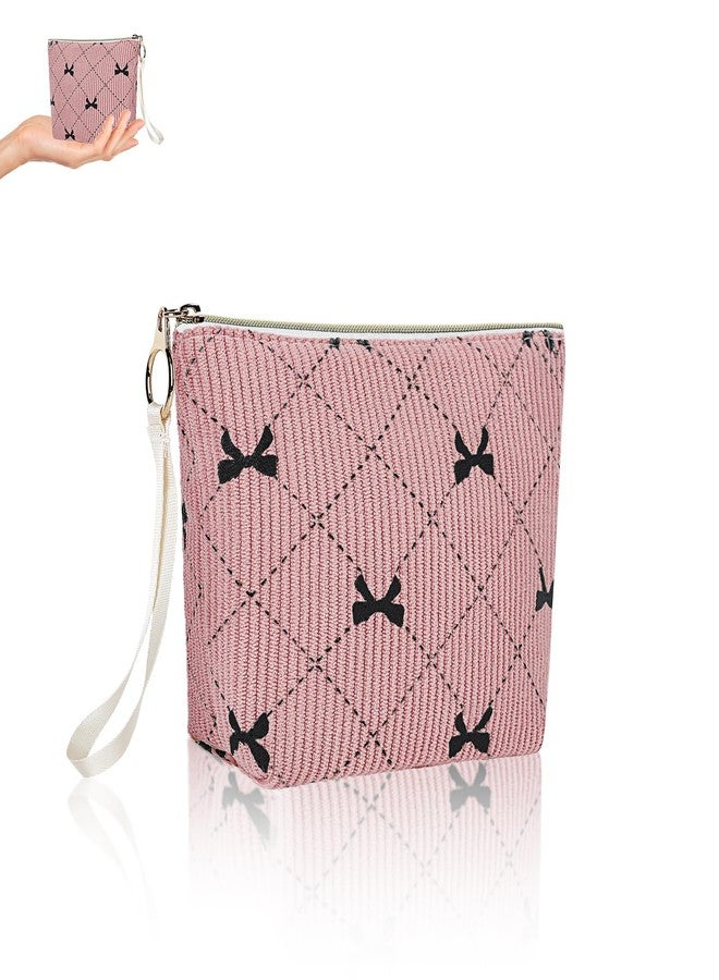 Playexen Bow Period Bag for Teen Girls, Corduroy Cute Sanitary Napkin Storage Bag with Wristlet, Menstrual Pad Pouch Tampon Holder for Backpack (Pink - Image 1