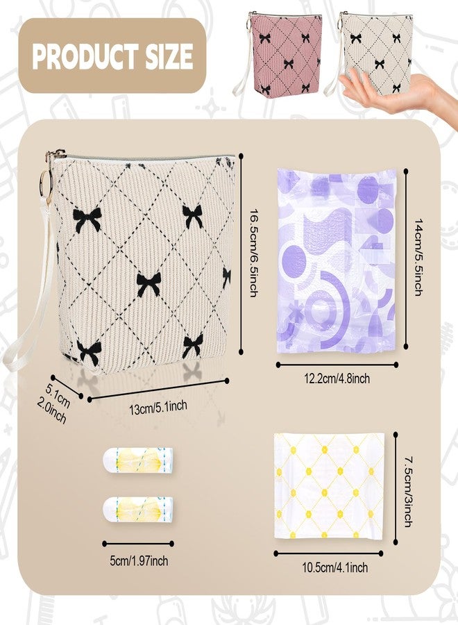 Playexen Bow Period Bag for Teen Girls, Corduroy Cute Sanitary Napkin Storage Bag with Wristlet, Menstrual Pad Pouch Tampon Holder for Backpack (Pink - Image 2