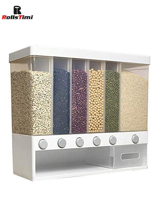 RollsTimi  Wall Mounted Food Dispenser,Whole Grains Rice Bucket,Large Capacity 6-Grid Storage Dry Food Dispenser - Image 1