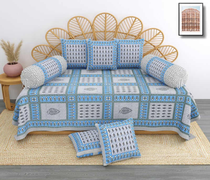 Blizz Mont | Magnolia Collection | Printed Diwan Set | Pure Cotton | Quilted | Set Contains- 8 Pieces (1 Single Bedsheet, 2 Boster Covers, 5 Cushion Covers) (Blue Check Buti-1+2+5) - Image 1