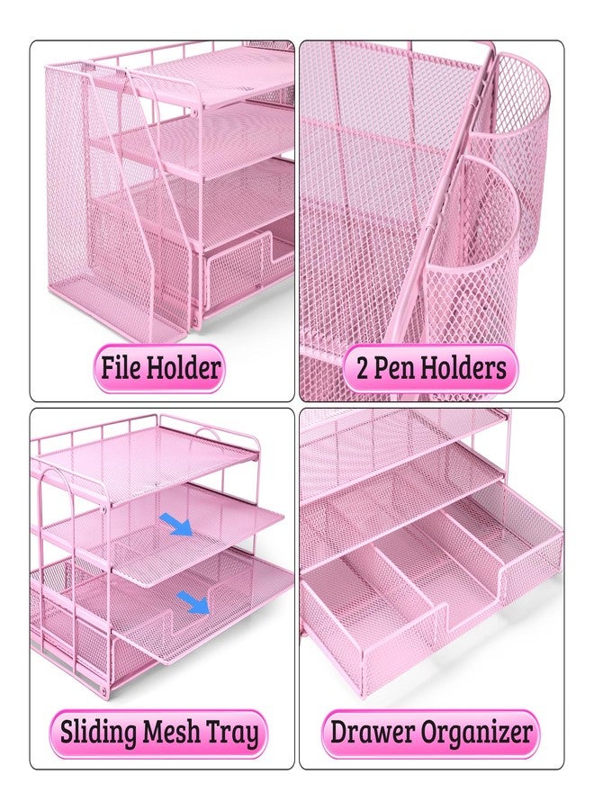 ATOMUS 4 Tier Desk Organizer, File Organizer Drawer Organizer with 2 Hanging Pen Holders Accessories & Workspace Organizers for Office Supplies Pull-Out Design (Pink) - Image 4