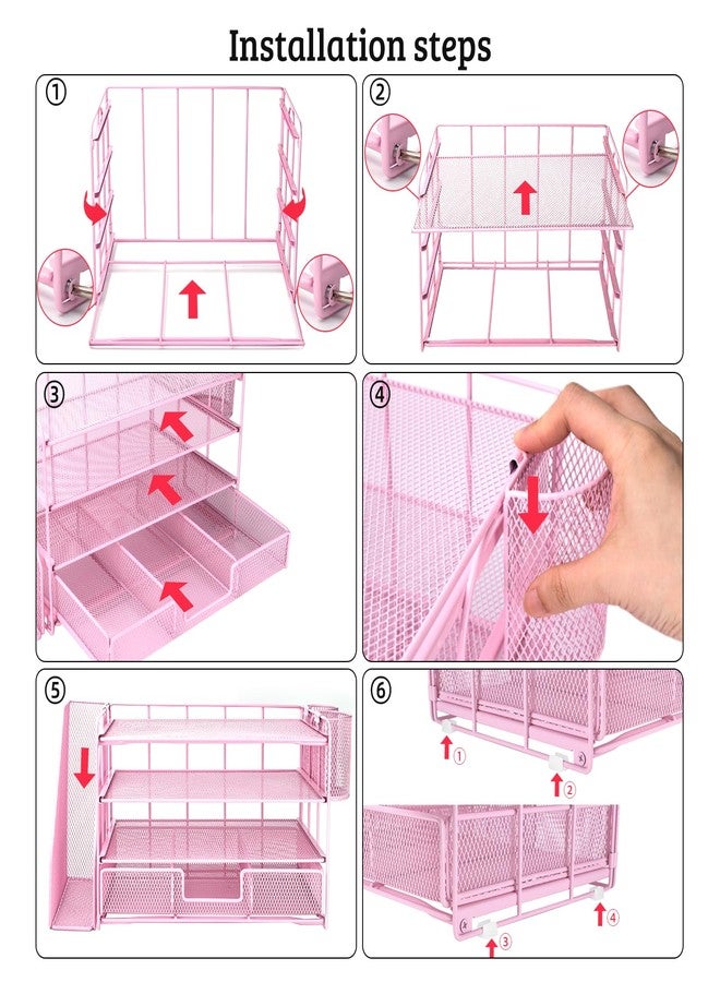 ATOMUS 4 Tier Desk Organizer, File Organizer Drawer Organizer with 2 Hanging Pen Holders Accessories & Workspace Organizers for Office Supplies Pull-Out Design (Pink) - Image 3
