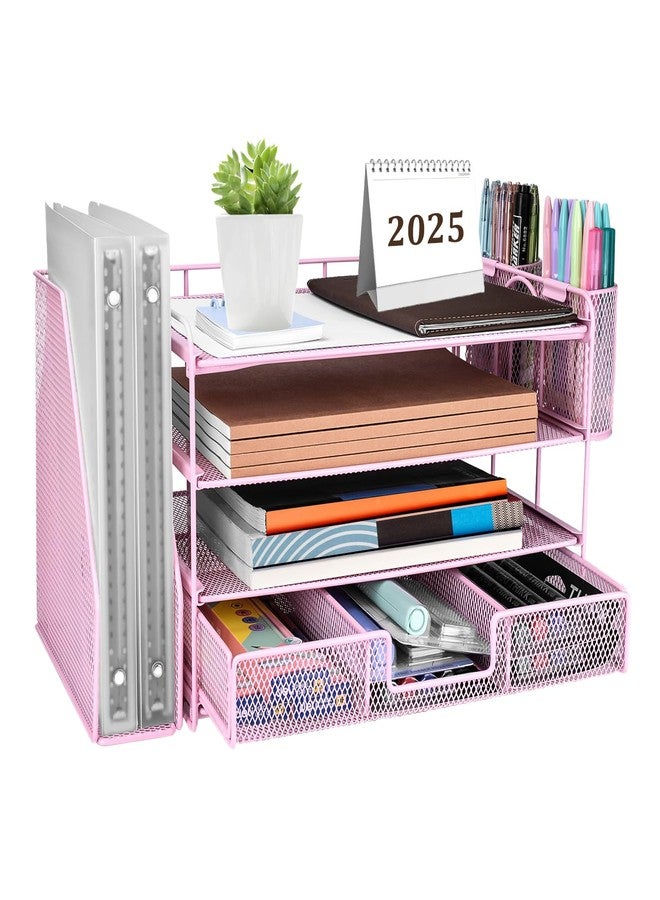 ATOMUS 4 Tier Desk Organizer, File Organizer Drawer Organizer with 2 Hanging Pen Holders Accessories & Workspace Organizers for Office Supplies Pull-Out Design (Pink) - Image 1