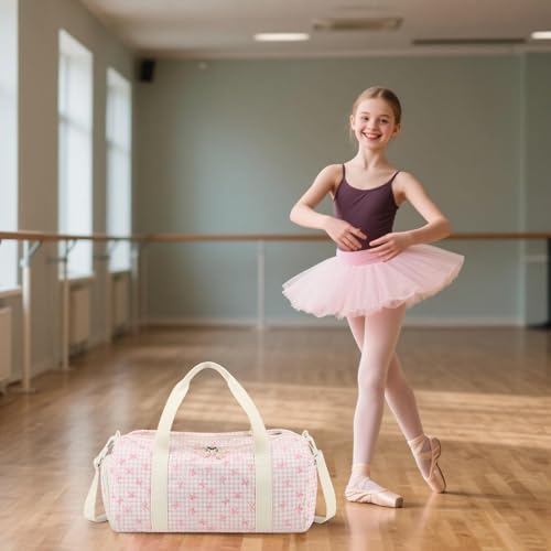 LEDAOU Kids Duffle Bag Girls Overnight Travel Sport Gym Bag Weekender Carry On Shoulder Dance Bag with Shoe Compartment Wet Pocket Pink Bow Checkered - Image 3