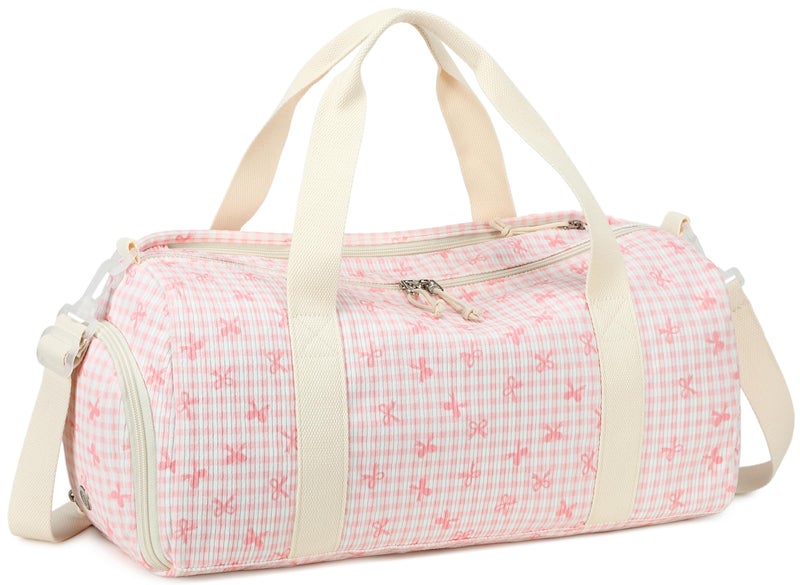 LEDAOU Kids Duffle Bag Girls Overnight Travel Sport Gym Bag Weekender Carry On Shoulder Dance Bag with Shoe Compartment Wet Pocket Pink Bow Checkered - Image 2
