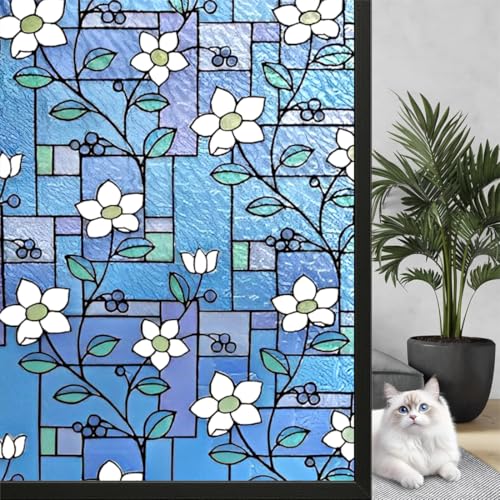 WALLTON Privacy Vinyl Frosted Window Film Glass Sticker Self-Adhesive Film Tint Wallpaper Opaque Sheet for Glass Privacy Cover Window, Door, Office, Home.| Anti-UV. (16x48 Inch, Small Blue Patti) - Image 1