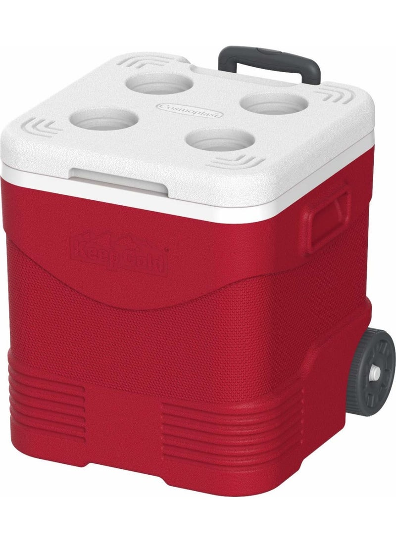 Cosmoplast Rolling Cooler Box, Insulated Food and Beverage Container for Trips, Handle for Easy Transport, 4 Cup Holders on Lid - Red - Image 1
