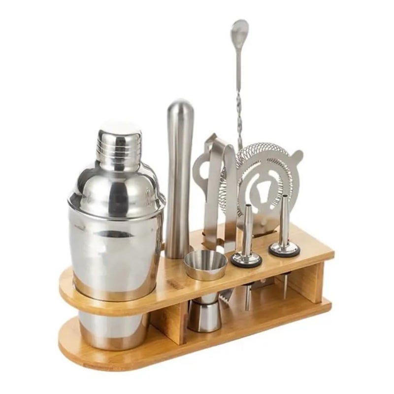 JERN Cocktail Shaker Bar Set with Bamboo Stand, 8-Piece Bartender Kit with Mixer, Spoon, Jigger, Muddler, Strainer, Opener, Pour Spouts, Tongs (10, 750 ml) - Image 1