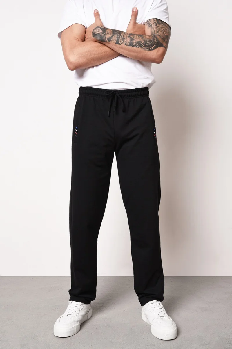 mmetalic Black Men's Zipper Pocket Embroidery Detailed Straight Leg Relaxed Cut Sweatpants