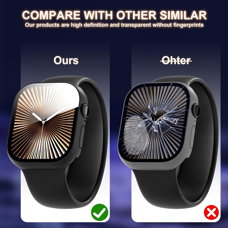 حزمة من 3 حافظات لساعة Apple Watch Series 10/11 مقاس 46 مم مع واقي شاشة زجاجي مقسى 9H، غطاء حساس للمس، مقاوم للخدوش، حافظة PC صلبة فائقة النحافة لساعة iWatch Series 10/11 مقاس 46 مم - Image 5