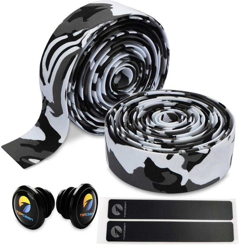 TOPCABIN Camouflage Series Comfort Gel Road Bike Handlebar Tape Bike Bar Tape with Reflective Bar Plugs (White (a Pair)) - Image 1