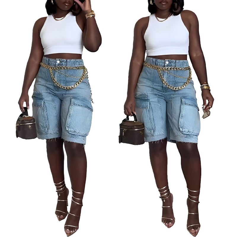 NRTHYE Women Denim Shorts High Waisted Straight Leg Casual Cargo Jean Shorts with Pockets - Image 4