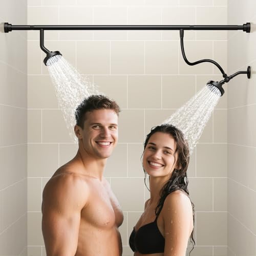 NTPN Dual Shower Head for Couples, High Pressure Double Shower Heads for Two People Rod, Two Showerhead System Fit 2 Person, Birthday Gifts for Women Men, Spa-Like (Black) Segmented Design - Image 1