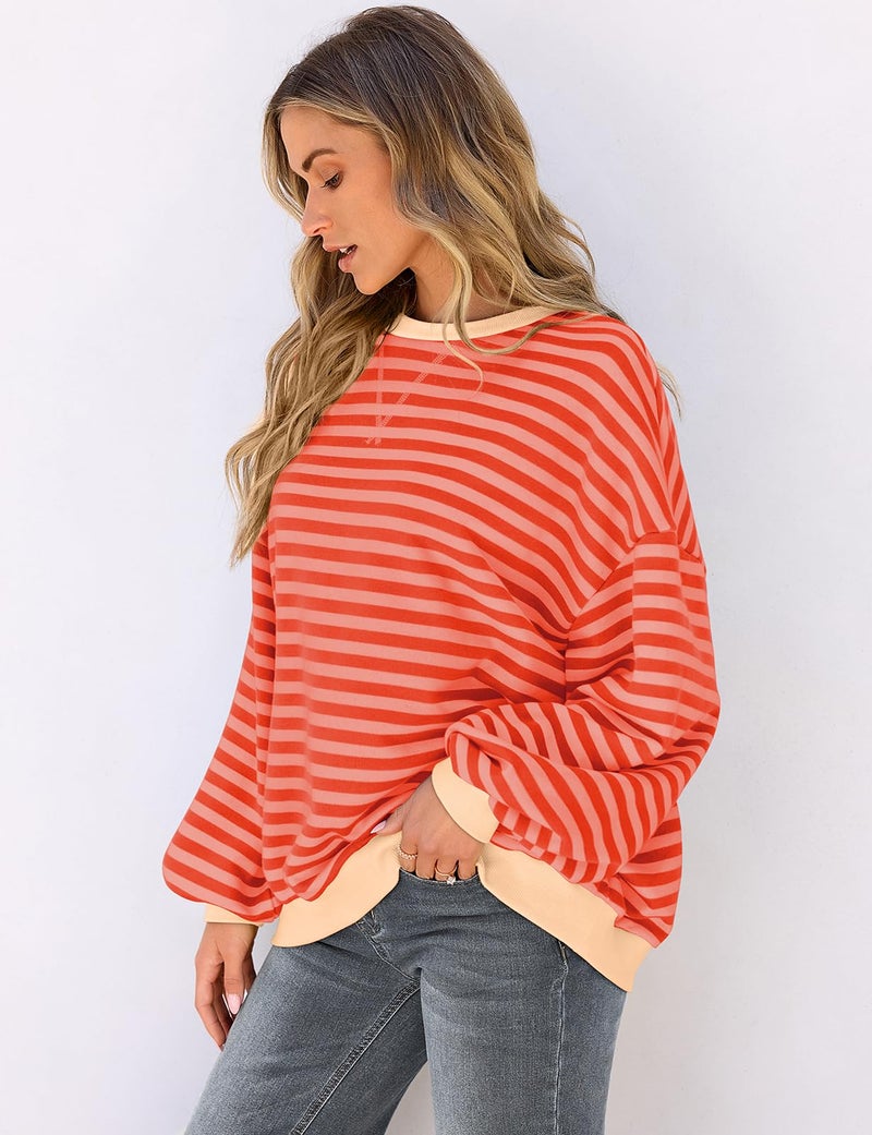 UEU Oversized Striped Sweatshirts for Women Long Sleeve Crewneck Workout Pullover Tops Orange Pink Striped Medium - Image 3