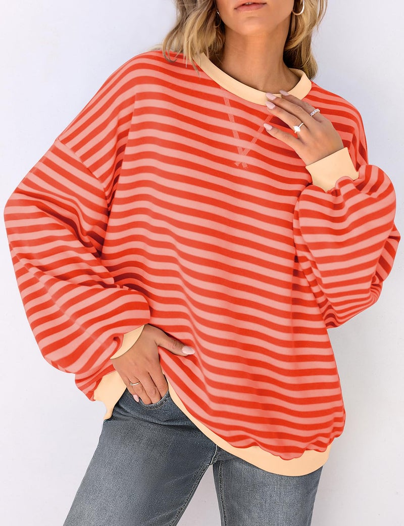 UEU Oversized Striped Sweatshirts for Women Long Sleeve Crewneck Workout Pullover Tops Orange Pink Striped Medium - Image 2