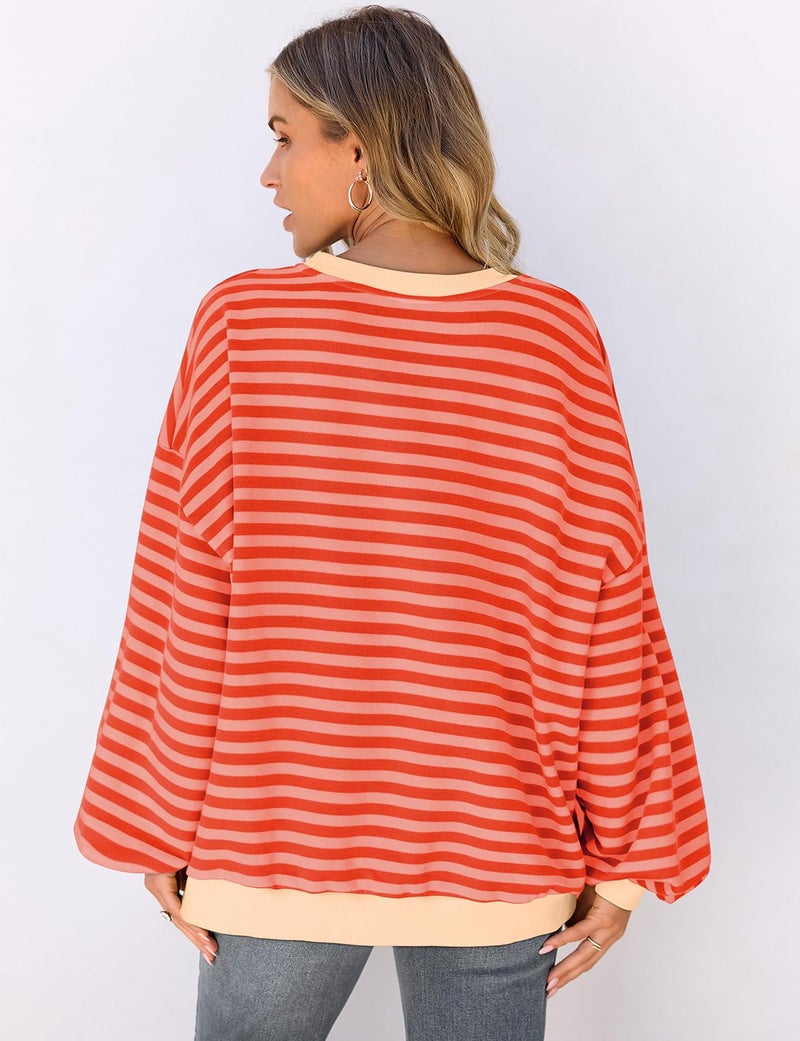UEU Oversized Striped Sweatshirts for Women Long Sleeve Crewneck Workout Pullover Tops Orange Pink Striped Medium - Image 5
