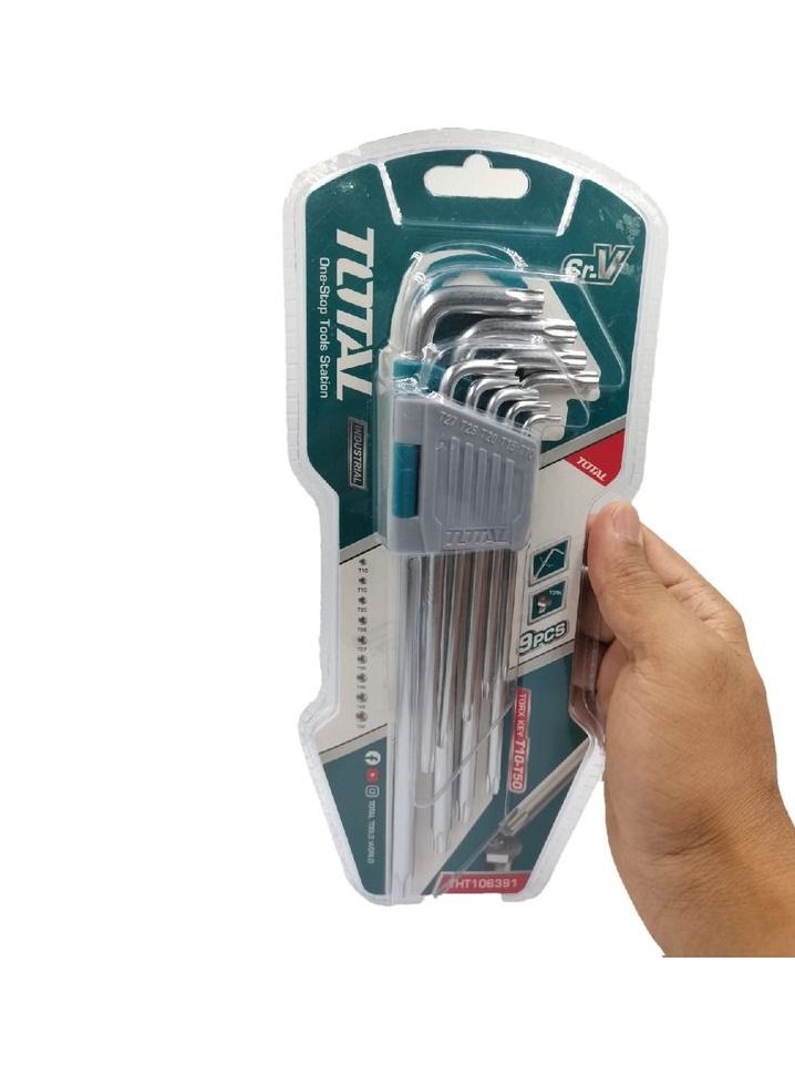 TOTAL 9 Pcs Torx Key, 9 Keys Torx Keys Chromium Vanadium Material, Big Size, Combination Tools Set T10-T50, Extra Long Arm THT106391