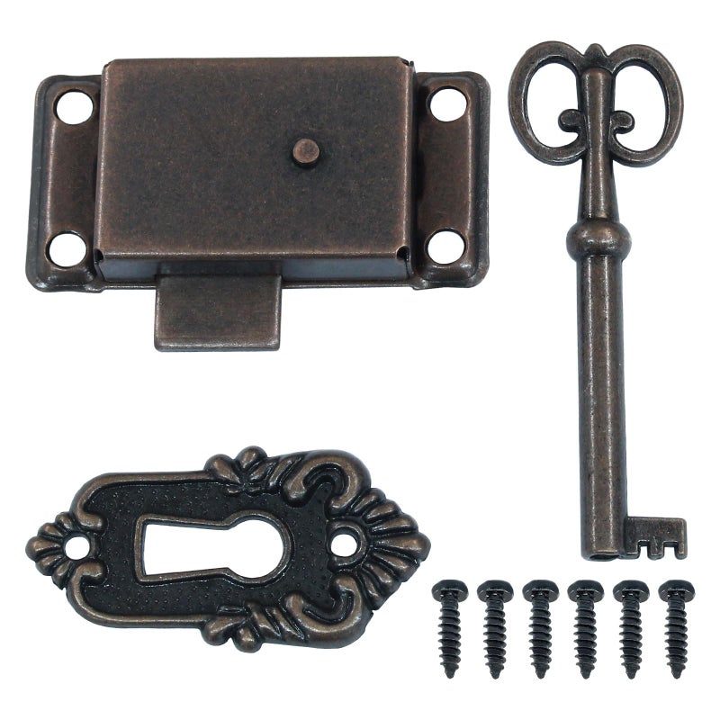 Seimneire Vintage Skeleton Lock with Key, Antique Decorative Cabinet Lock for Chest Cupboard Drawer Box Furniture - 1 Set of Red Bronze - Image 2