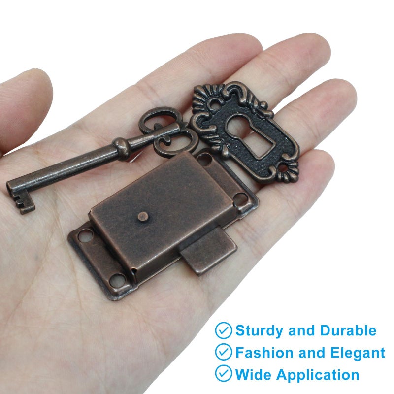 Seimneire Vintage Skeleton Lock with Key, Antique Decorative Cabinet Lock for Chest Cupboard Drawer Box Furniture - 1 Set of Red Bronze - Image 4