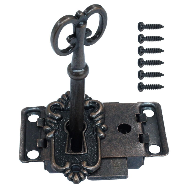 Seimneire Vintage Skeleton Lock with Key, Antique Decorative Cabinet Lock for Chest Cupboard Drawer Box Furniture - 1 Set of Red Bronze - Image 1