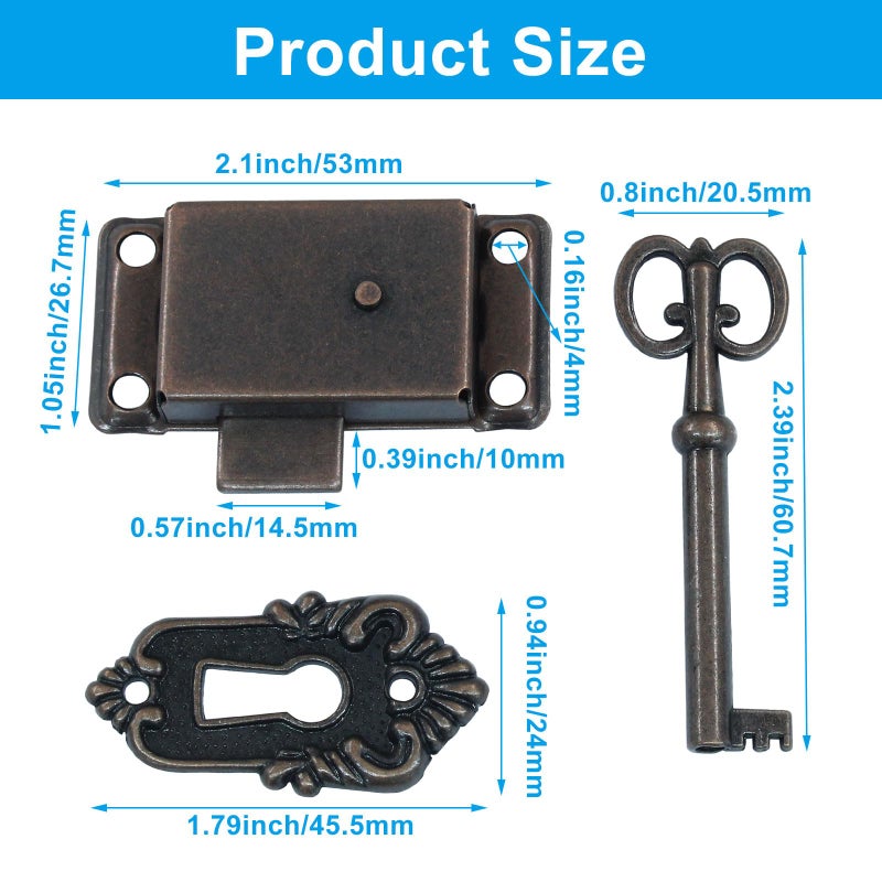 Seimneire Vintage Skeleton Lock with Key, Antique Decorative Cabinet Lock for Chest Cupboard Drawer Box Furniture - 1 Set of Red Bronze - Image 5