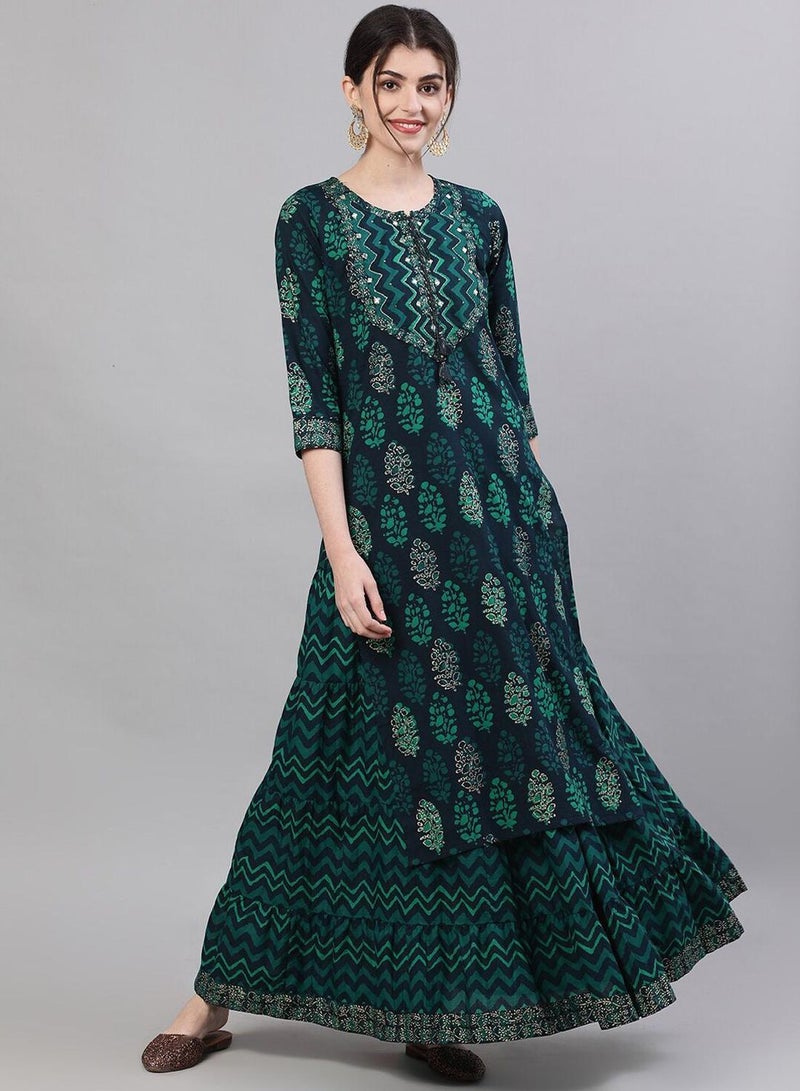 ISHIN Women Navy Blue Green Printed Kurta with Skirt - Image 1