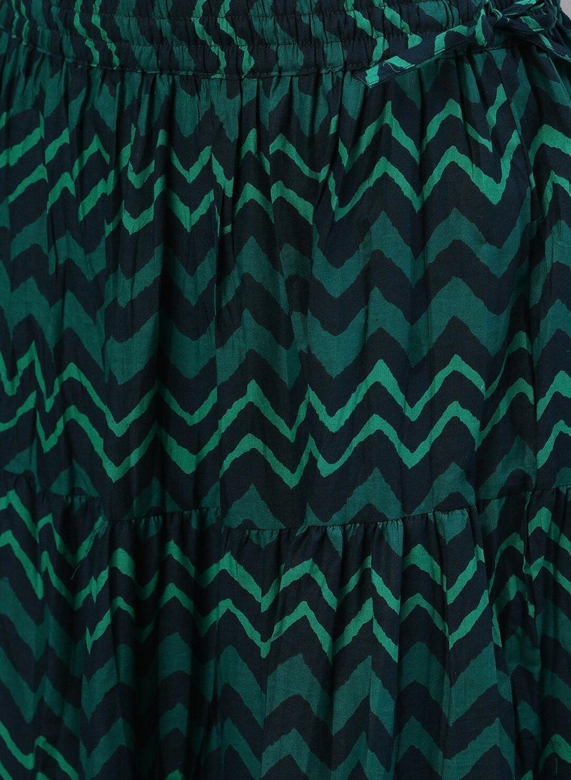 ISHIN Women Navy Blue Green Printed Kurta with Skirt - Image 3