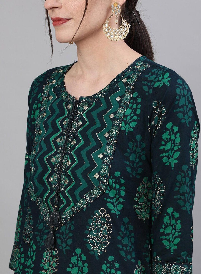ISHIN Women Navy Blue Green Printed Kurta with Skirt - Image 2