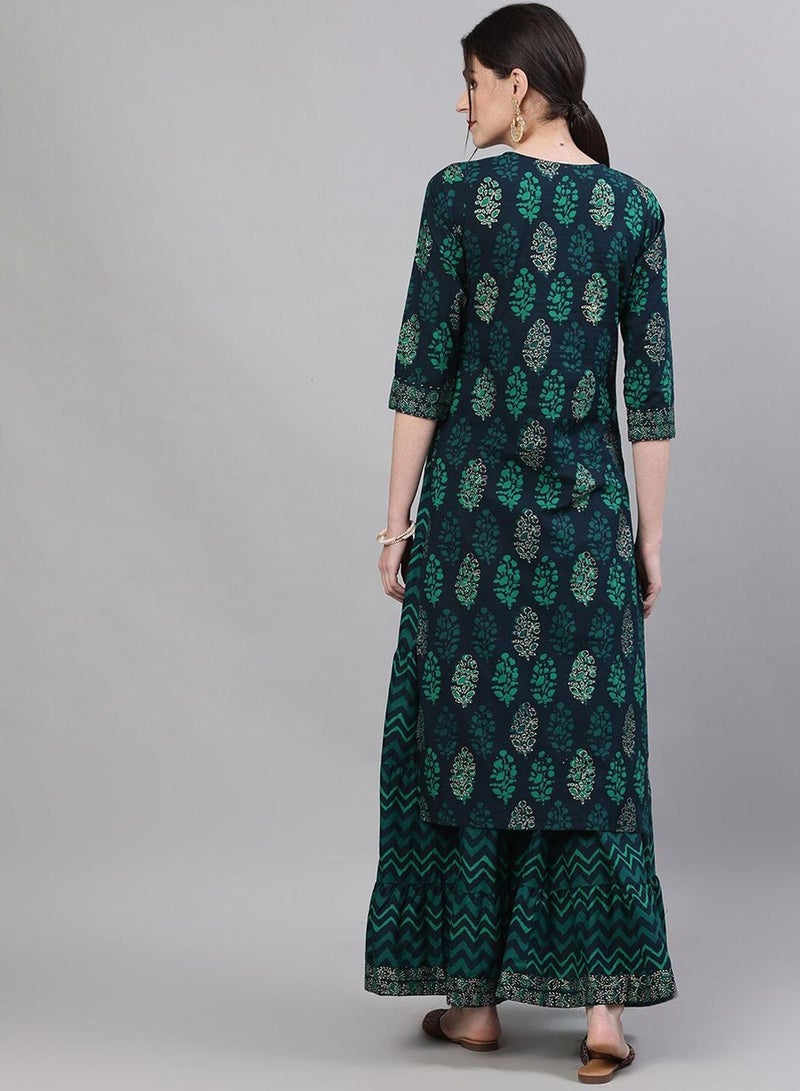 ISHIN Women Navy Blue Green Printed Kurta with Skirt - Image 5