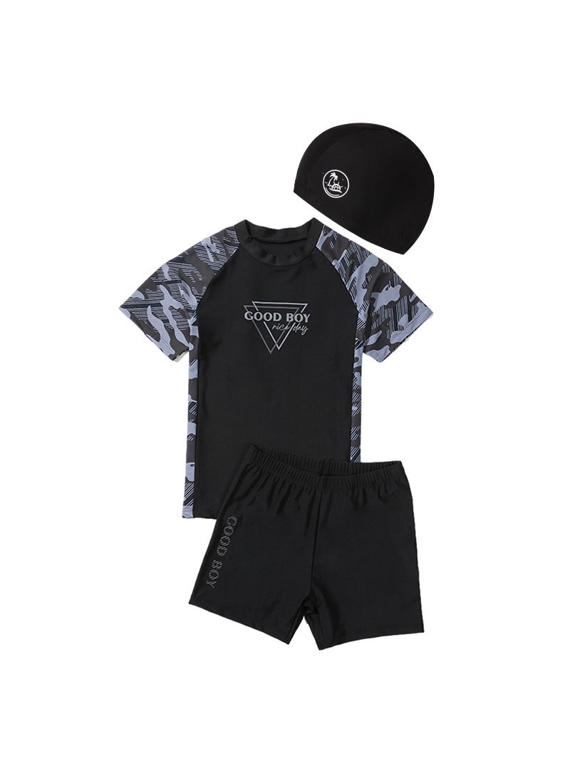 Generic - Boys Plus Size Two-Piece SwimsuitYYDS115-3 black with cap YYDS115-3 black with cap - Image 1