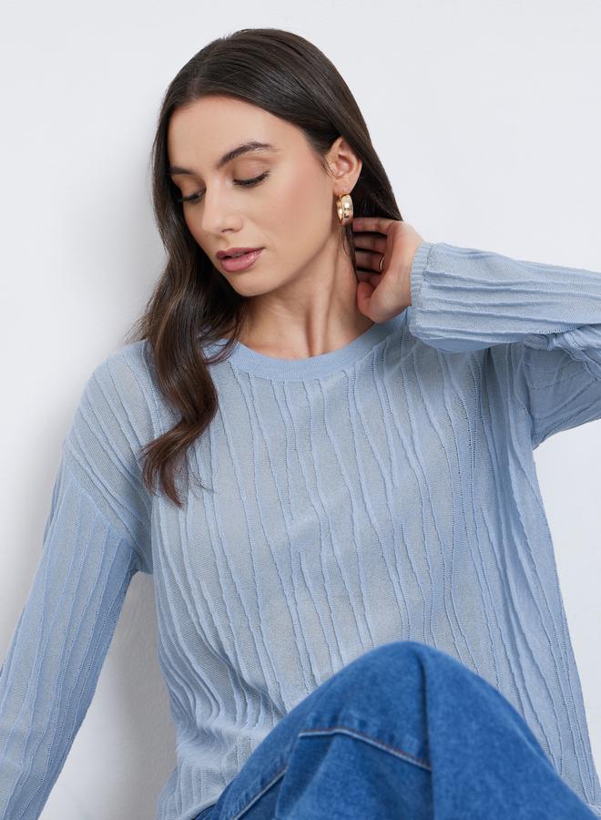 Take Two Women Grey Textured Oversized Crewneck Sweater - Image 1