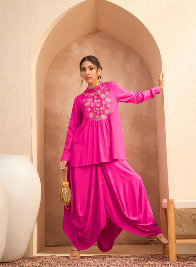 SASSAFRAS Fuchsia Embroidered Peplum Top with Dhoti Skirt Set